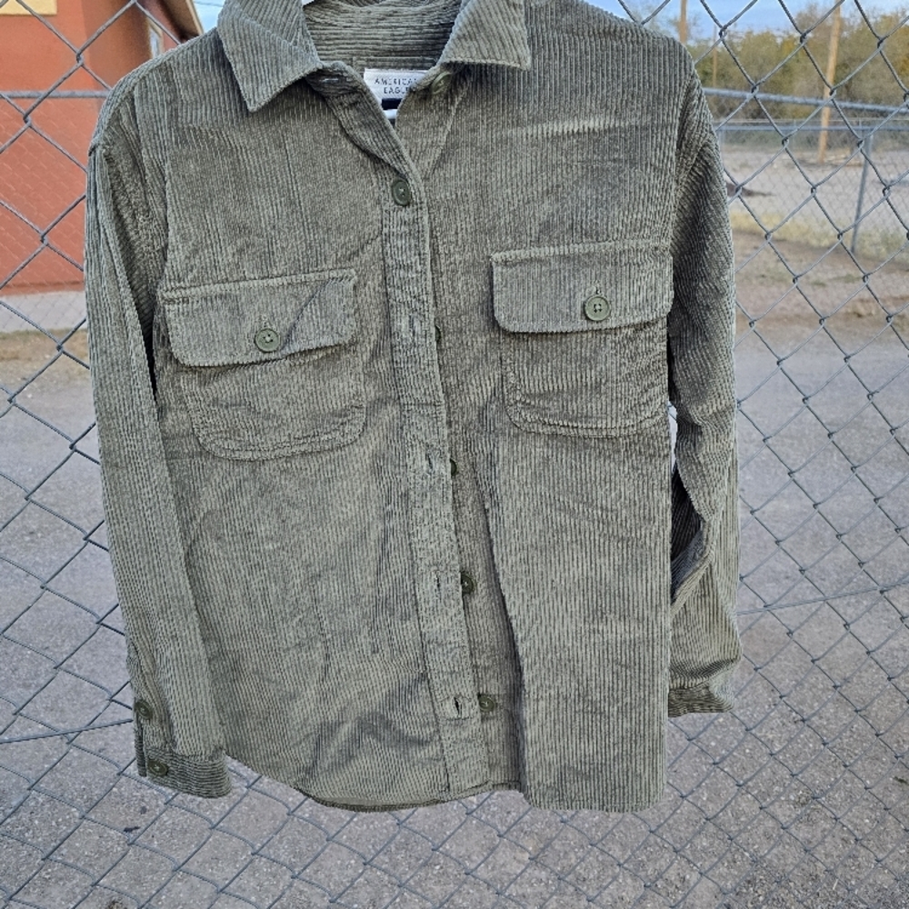 American Eagle Outfitters Green Corduroy Button Down Shirt